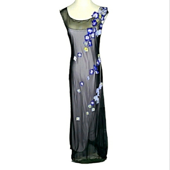 Tadashi for Cache Maxi Dress 90's Y2K Vtg Mesh Applique 3D Pansies Column Whims - Picture 4 of 17